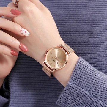 Elegant Creative Design Rose Gold Tone 1 Set Bracelet Quartz Watch Waterproof Stainless Steel Mesh Ladies Watches